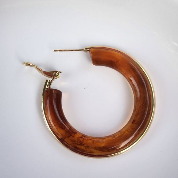 Butterscotch Resin Hoop Earring With Gold Plated Outline 1.64in - Picture 7 of 14